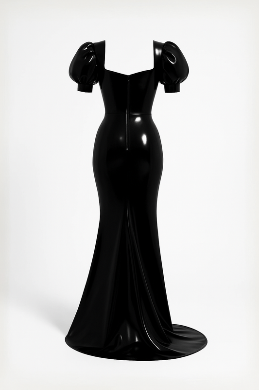 Black Latex Gown with Puff Sleeves and High Slit