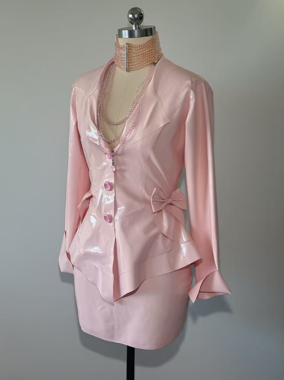 Ruffled Bow Vintage Style Latex Pink Suit