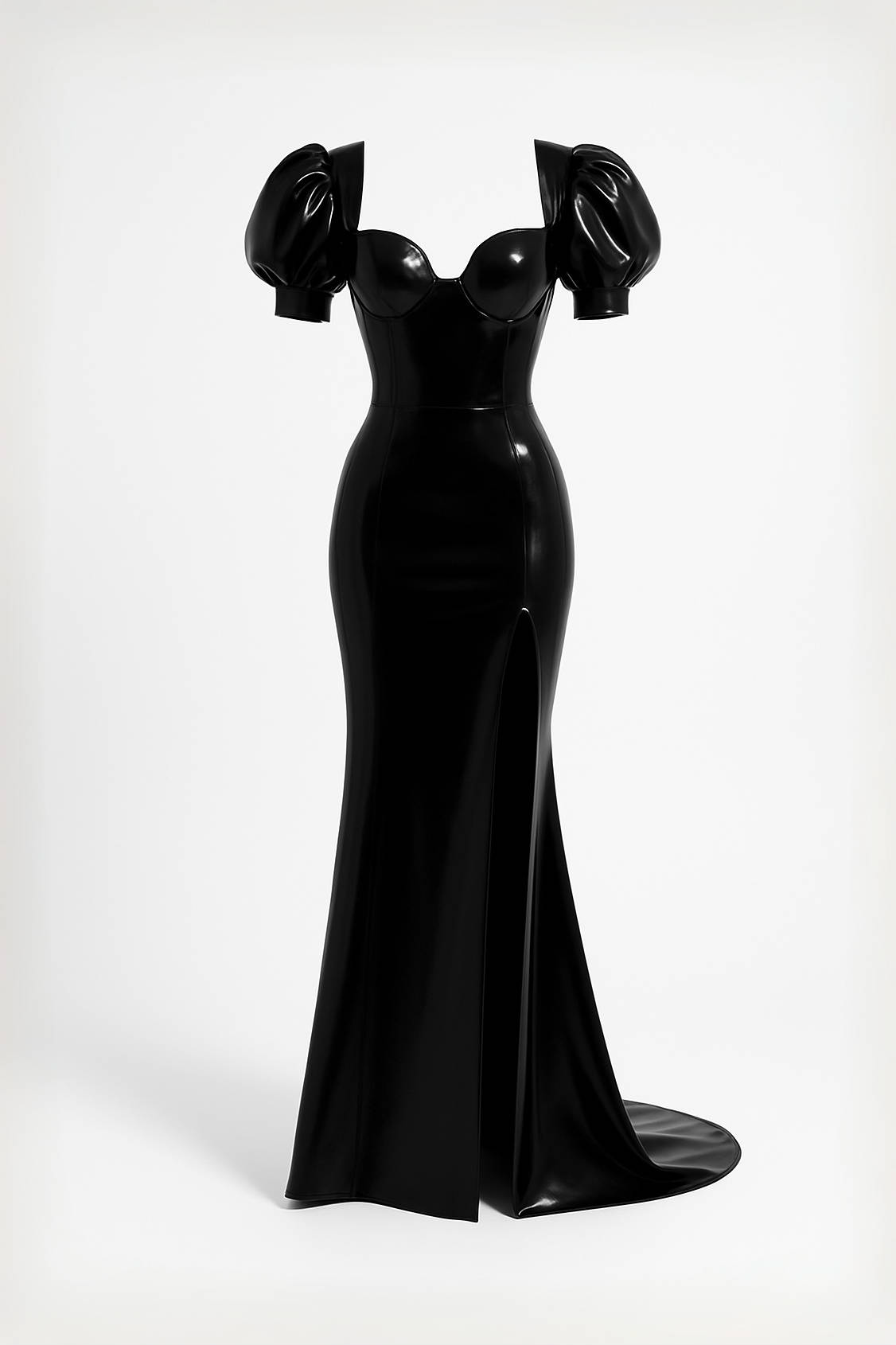 Black Latex Gown with Puff Sleeves and High Slit