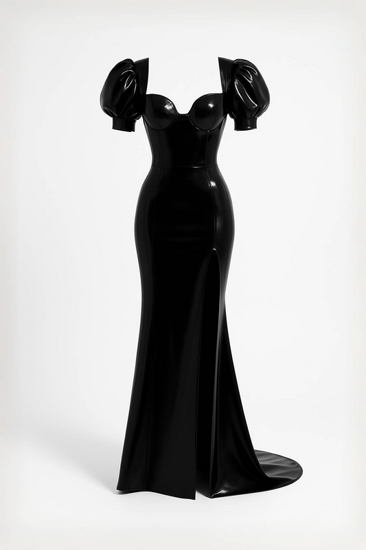 Black Latex Gown with Puff Sleeves and High Slit