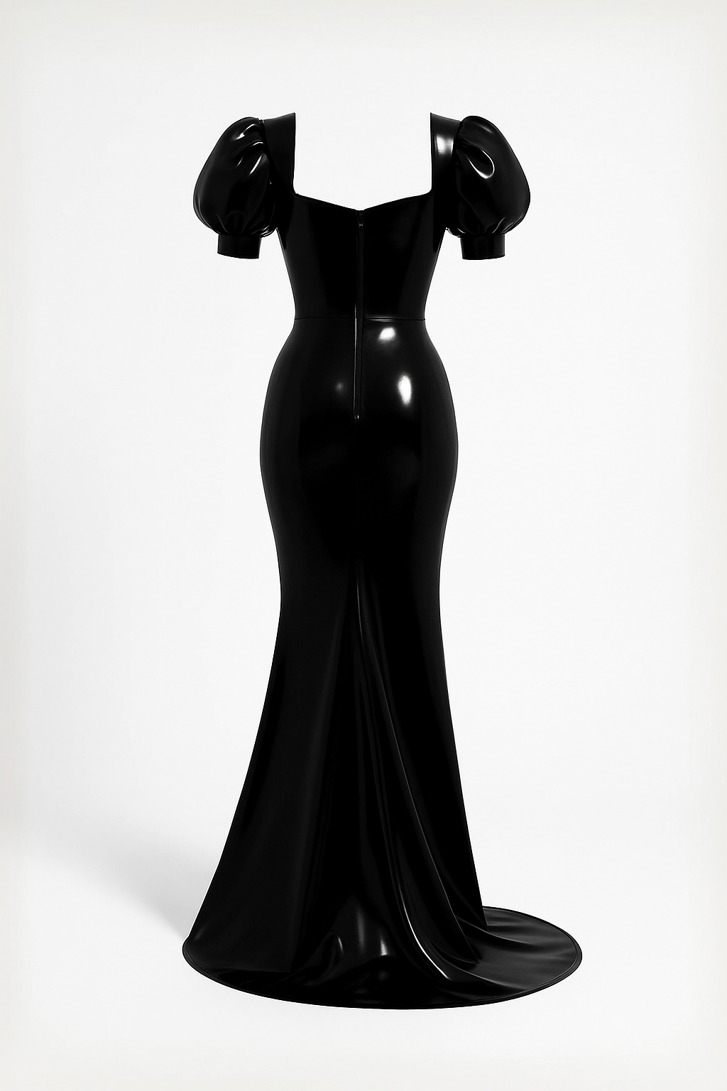 Black Latex Gown with Puff Sleeves and High Slit